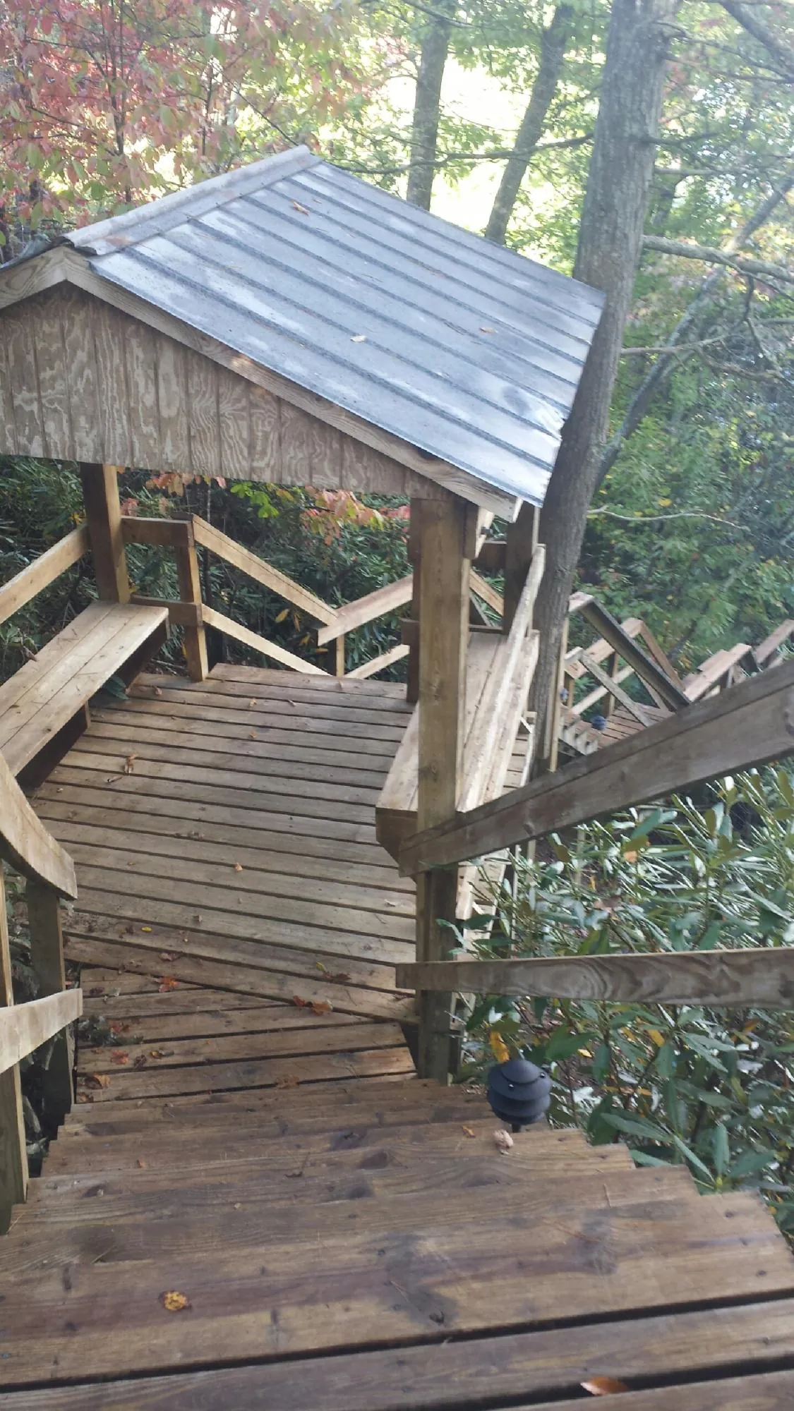 Metal roofed shelter over wooden steps on a wooded walkway — Skylight Repair & Installation work by our crew in Sterling Heights